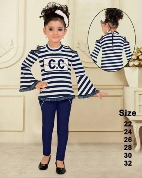 Dark Blue Stripe Cotton Tops for Girls