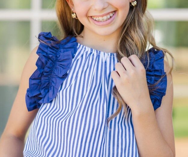 Dark Blue Stripe Cotton Tops for Girls