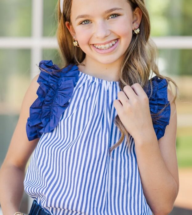 Dark Blue Stripe Cotton Tops for Girls