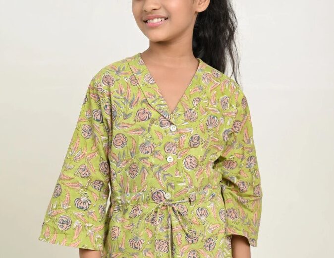 Olive Green Printed Cotton Tops