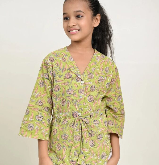 Olive Green Printed Cotton Tops