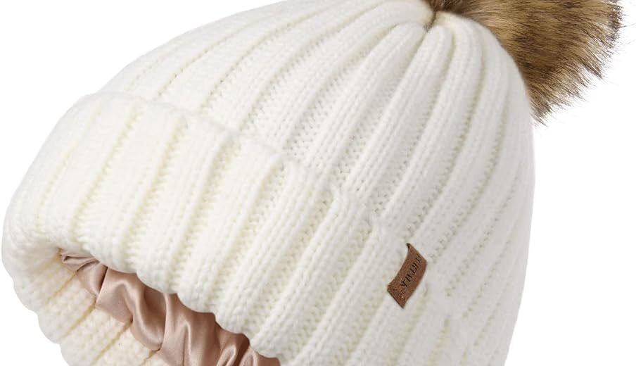 Knitted Beanie With Faux Fur Pom Pom