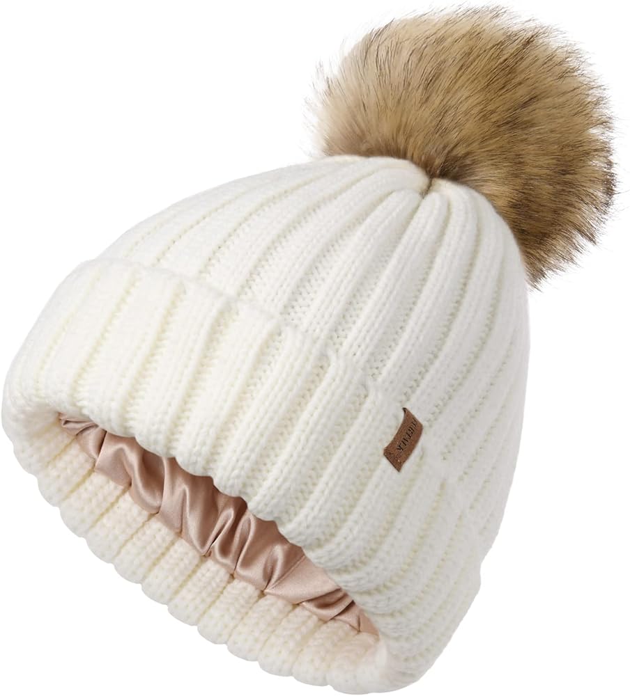 Knitted Beanie With Faux Fur Pom Pom