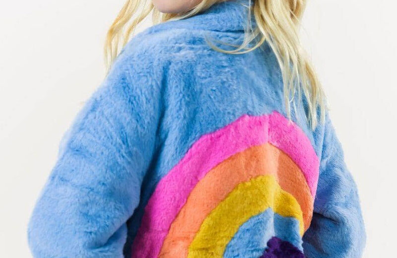 Rainbow Faux Fur Coat Baby Blue