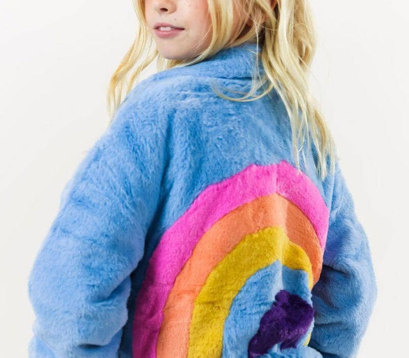 Rainbow Faux Fur Coat Baby Blue